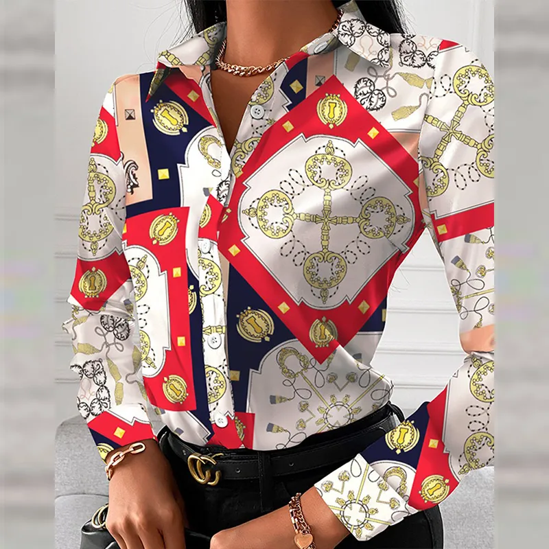 Moda Łańcuch Leopard Drukowane Lady Office Koszula Elegancka Turn-Down Collar Bluzka Przycisk Długim Rękawem Jesienne Kobiety Topy 220225