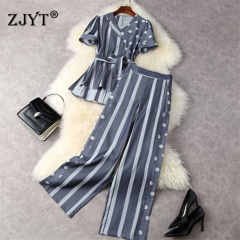 Summer Striped Suit Women Designers Fashion Short Sleeve Polka Dot Print Top +Pants Two Piece Sets Ladies Casual Outfit 210601