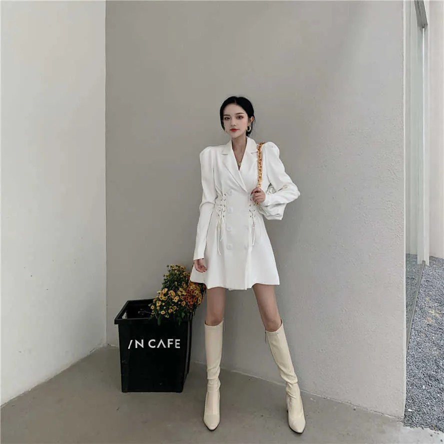 Mini dres notched nacke elegant kontor dam Koreansk stil kläder solid mode kvinnlig arbetsklänningar hösten 210604