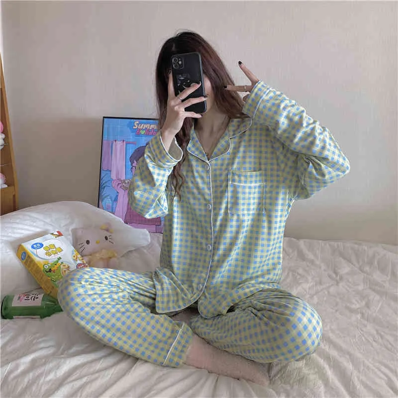 Sleepwear Women Loose Plaid Homewear Cotton Chic Femme Vintage Sweet Casual Soft Color-Hit Pyjamas Sets 210525