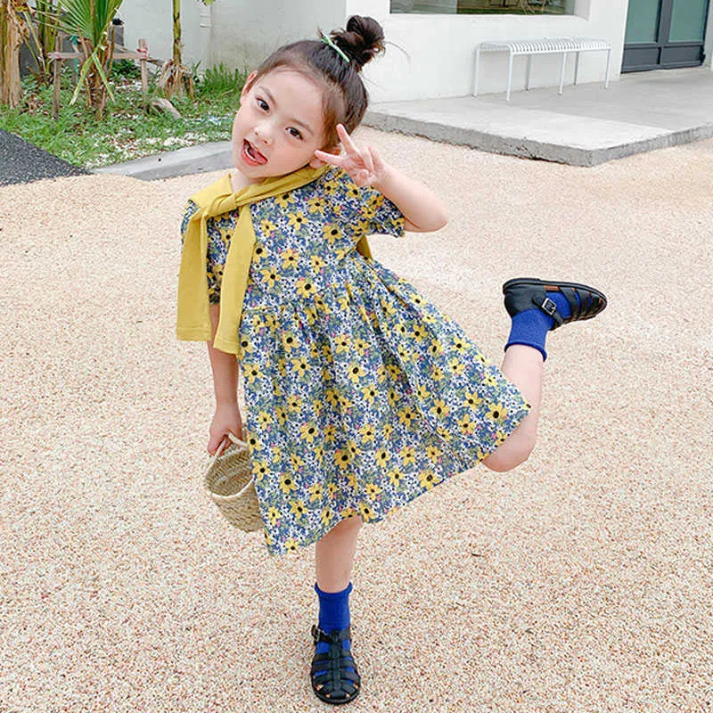 Summer Girls 'Vestito Fashion Personality Scialle Floreale a maniche corte Princess Baby Kids Abbigliamento bambini ragazza 210625