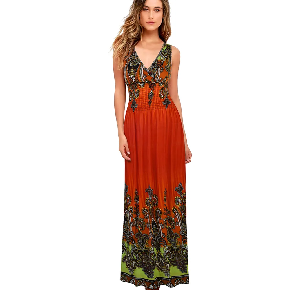 Nice-forever Summer Bohemian Sleeveless Printed Dresses Floor-Length Maxi Women Beach Dress bty002 210419