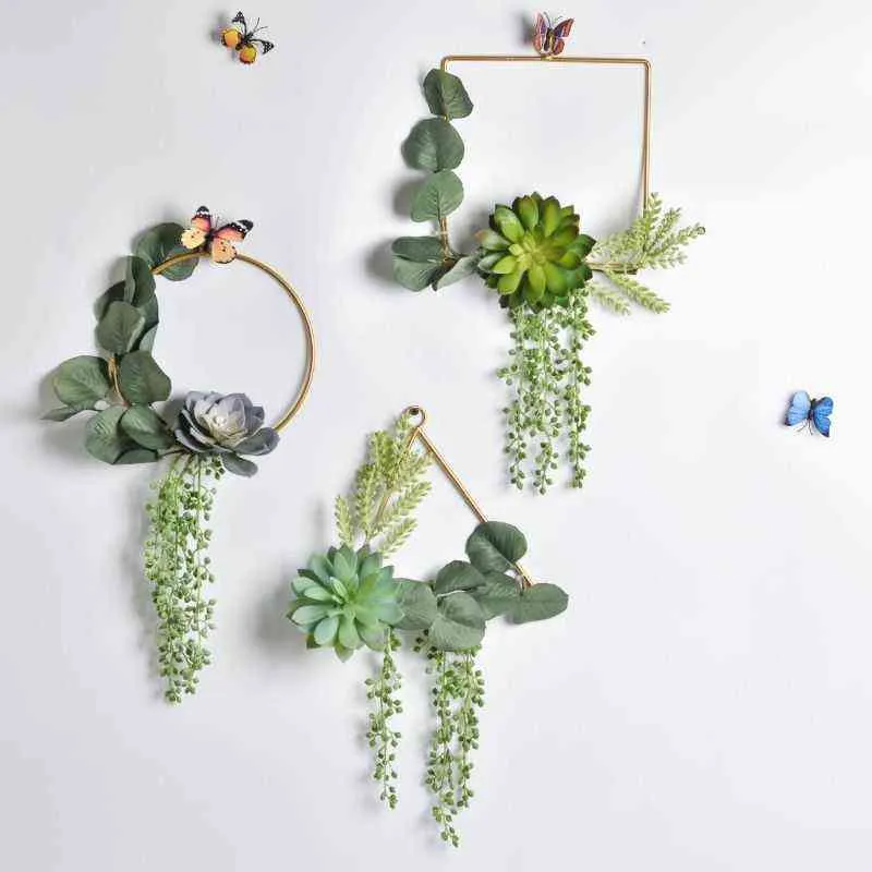 Köttig järnkrans nordisk minimalistisk konstgjord växt krans vägg hängsmycke bröllop antenn hängande krans blommor dekor 211104