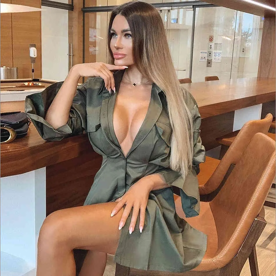 Darmowa damska zielona długa koszula sukienka sexy lapel flary tuleja pojedynczy piersi bodycon Club party vestidos 210524