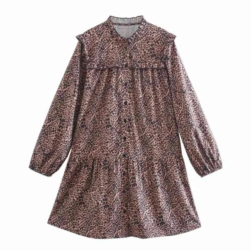 Lente vrouwen luipaard print ruche decoratie losse mini jurk vrouwelijke lantaarn mouw kleding casual dame vestido D7292 210430