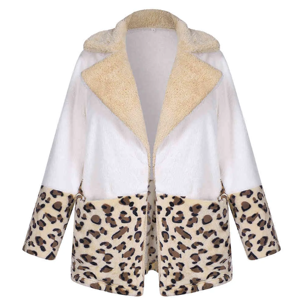 Mode Chaud Revers Léopard Patchwork En Peluche Manteaux Femmes Automne Hiver Fluffy En Peluche Fausse Fourrure Lâche Cardigan Vestes Femmes Pardessus 210412