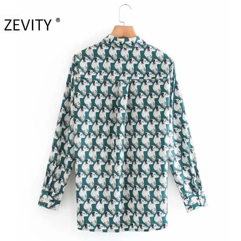 Zevity kvinnor söta hundar print casual smock blus kvinnlig sväng ned krage chic tröja ol affärer femininas blusa toppar ls7302 210603