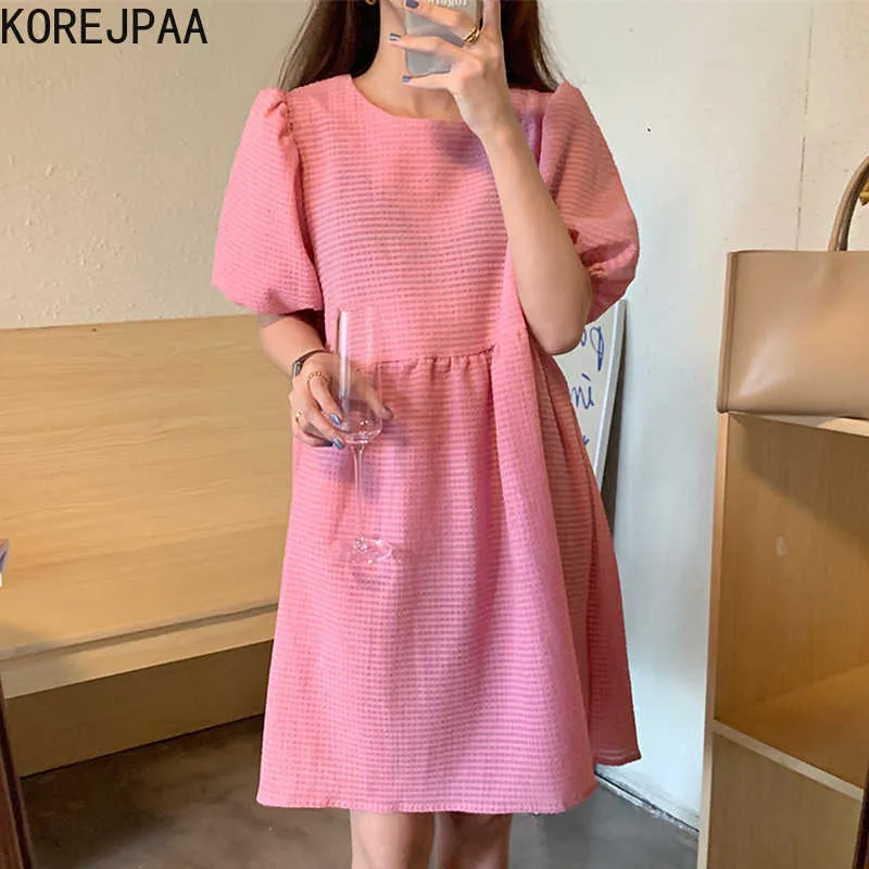 Korejpaa Kobiety Dress Summer Korean Fashion Proste Luźne Casual Solid O Neck Luźna Plisowana Tekstura Rękaw Bubble Vestido 210526