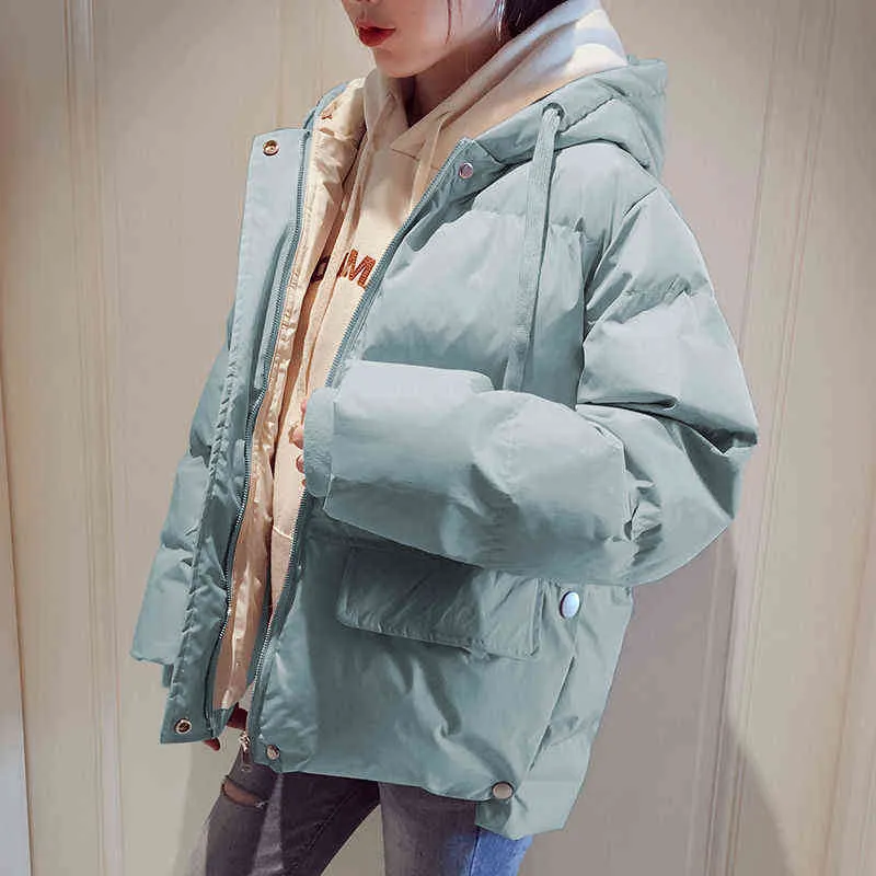 Piumino invernale con cappuccio color caramello da donna Cappotto a maniche lunghe allentato femminile Harajuku Parka oversize caldo rosa bianco blu 211130