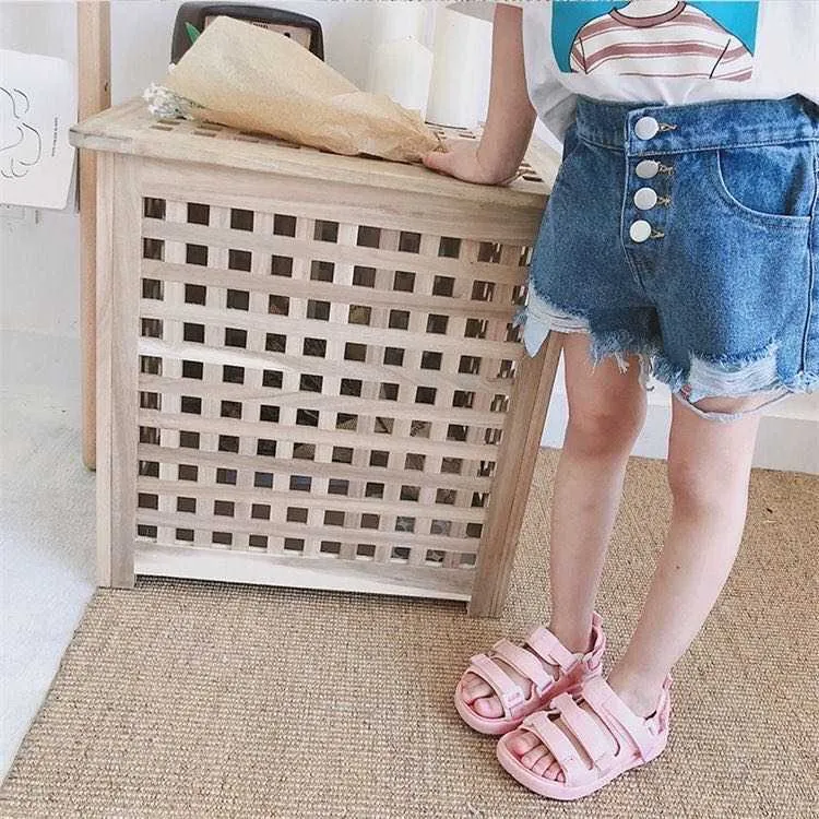 Kids Girl Short Jeans Pants Baby s Ripped Shorts Fashion Children Buttons Cowboy 2-14 Yrs Teens Clothes 210723