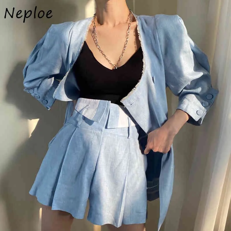 Work Style Ol Women Set O Neck Long Sleeve Double Breast Jacket + High Waist Hip Straight Shorts Solid Suit Spring 210422