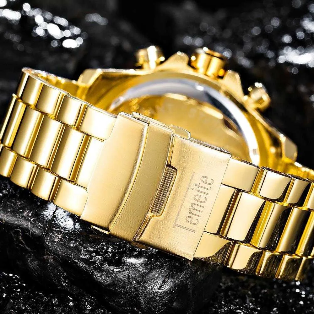 LMJLI - Temeite montres pour hommes Top marque de luxe montre dorée hommes en acier montre à Quartz mâle étanche montres Relogio Dourado Masculino