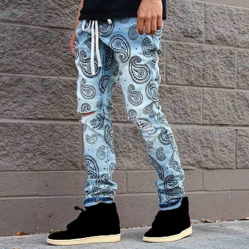 Moda uomo gamba dritta nera stampata a vita media jeans strappati blu pantaloni denim hip-hop vintage da uomo streetwear