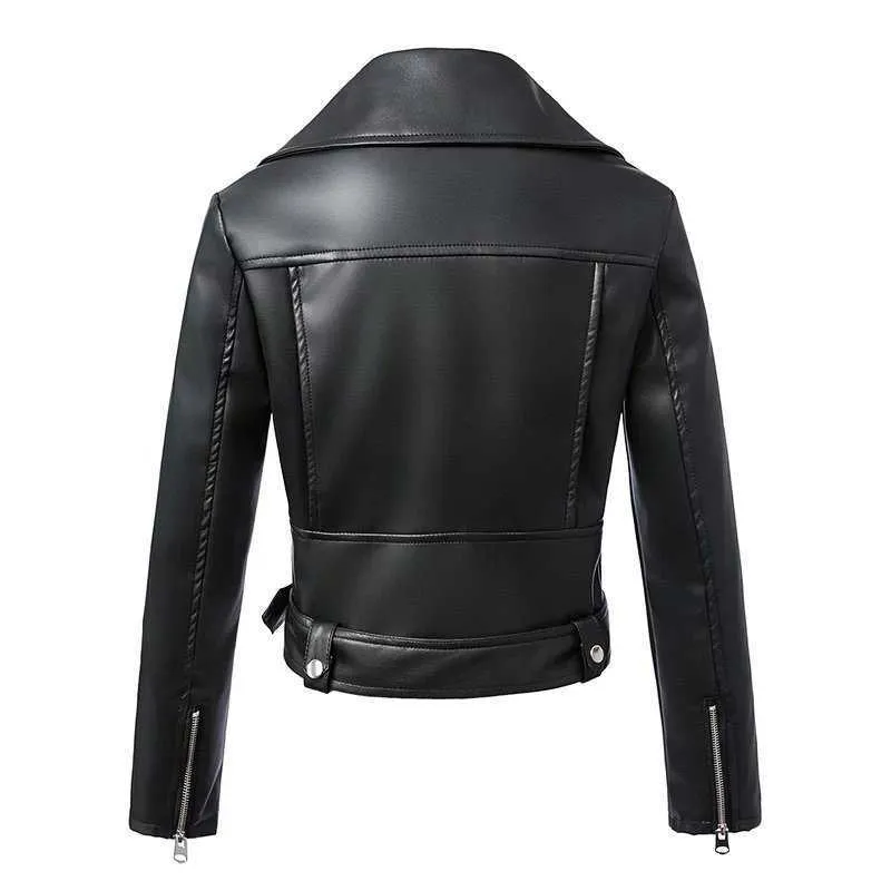 ベルトバイカーレザージャケットファッション春秋の黒い短いフェイクコートレディースジッパーモトアウヤーフェムミ210525