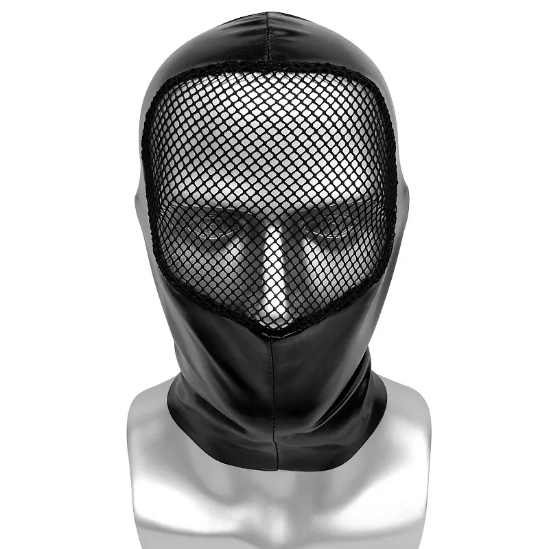 PU läder unisex huva masker med ansikte mesh patchwork mens huvudbonar rollspel halloween cosplay kostym tillbehör svart