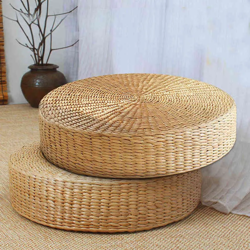 Floor Pillow Eco-Friendly Round Straw Cushion Hand Woven Tatami Mat Yoga Tea Ceremony Meditation Pad 211203