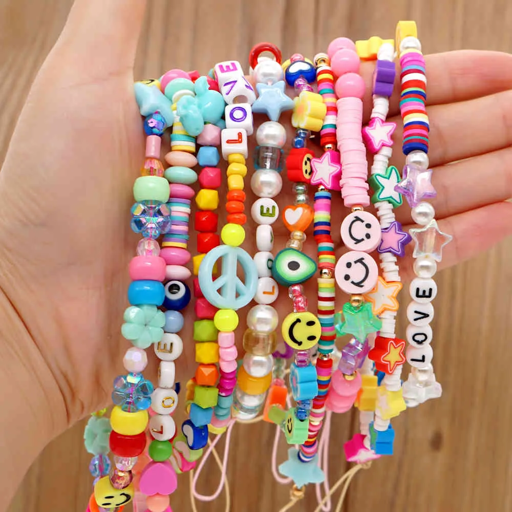 Phone Chain Smile Face Pearl Chains Polymer Beads String Lanyard Accessories LOVE Letter Jewelry Boho 2021