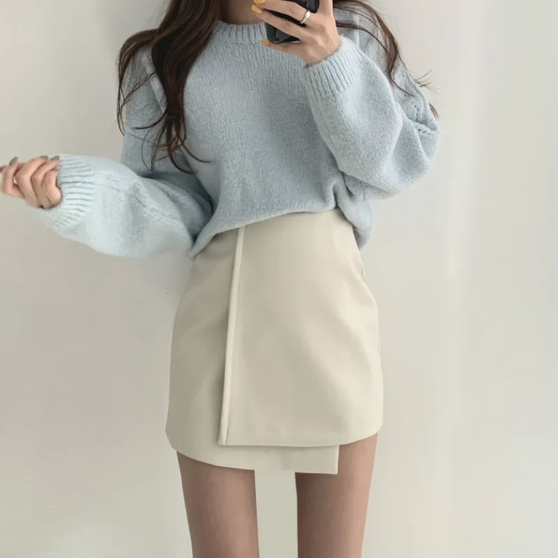 Ezgaga Vintage French Style Two Piece Set Women Chic Pink Sweater Pullover and Leather Y2k Skirts Elegant Jumper Ladies Tops 210430