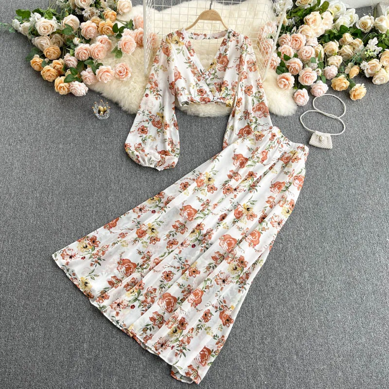 SINGREINY Women Summer Boho Floral Chiffon Beach Set Sexy Backless Puff Sleeve Short Tops+High Waist Long Skirt Two Piece Suits 210419