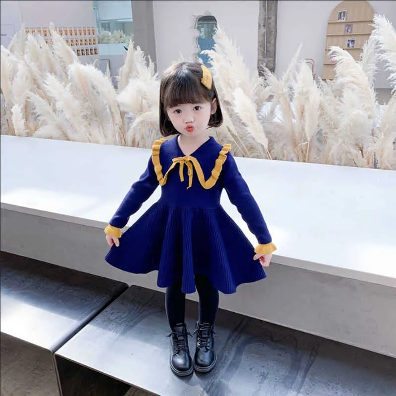 Abiti da ragazza 2021 nuova primavera e autunno bambini coreani a maglia in stile occidentale maglione di ciliegio blu zaffiro vestiti da ragazza X0803