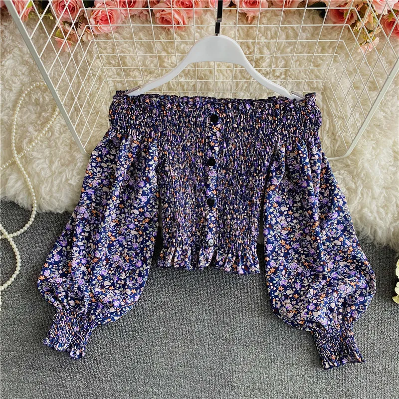 Sommer elegante Vintage schlanke Falten schulterfreie Top-Blusen Damenmode süße florale Chiffon-Hemd-Tops und Blusen 210420