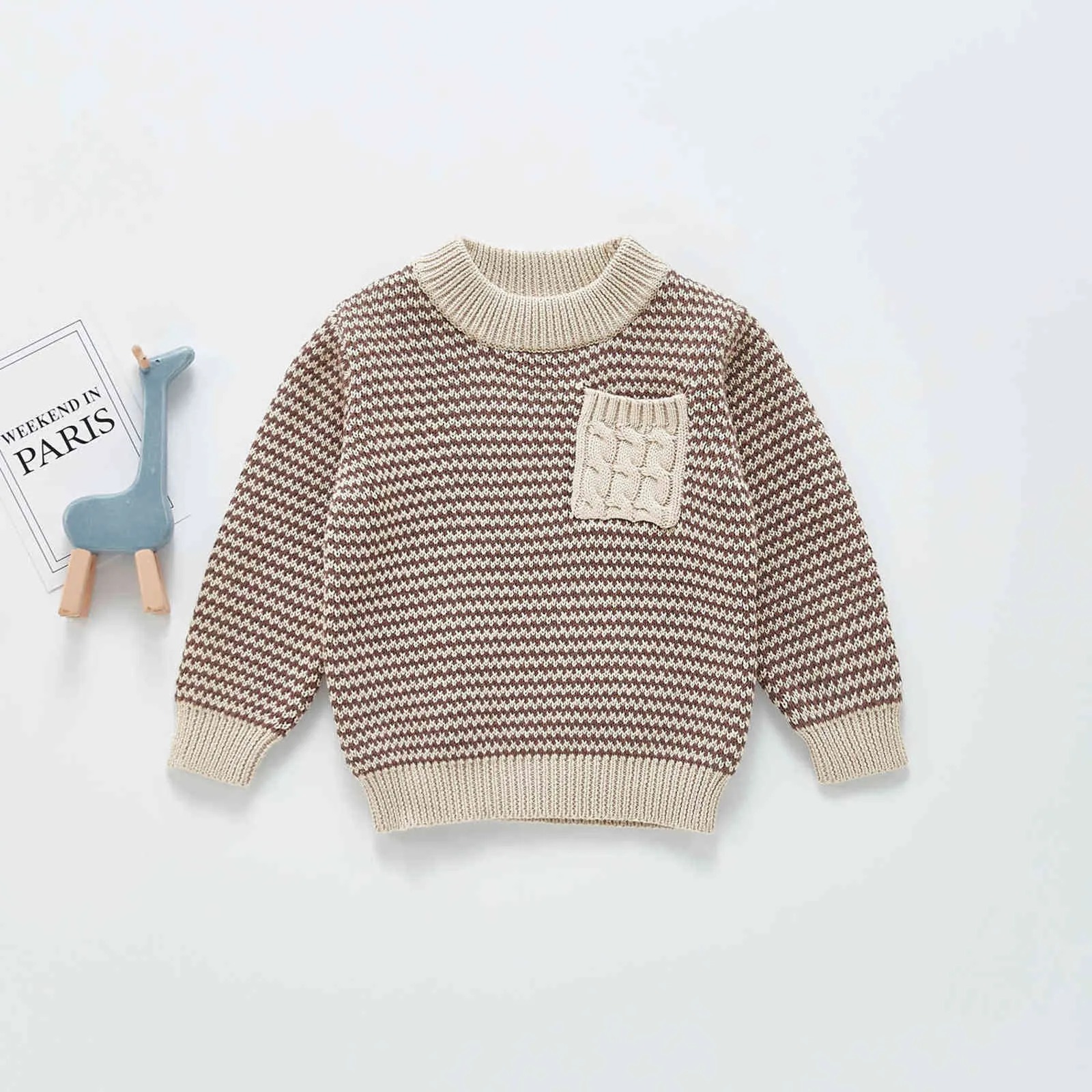 Dzieci Bawełniany sweter Niemowlę Books Pullover Topy Baby Girls Długim Rękaw Dzianiny Ubrania Kolorblock Pocket Boy 211201