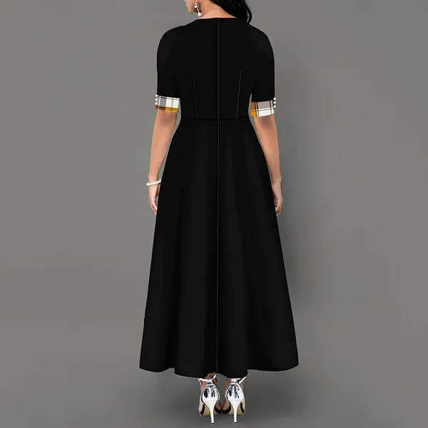 Elegant Plaid Print Dress Women Half Sleeve Button Pocket Long Dress Ladies Vintage A-Line Big Swing Maxi Party Dresses 2021 x0521