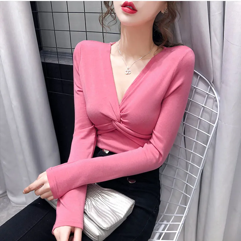Spring Autumn Women's Tops Solid Color Twisted V-neck Long-sleeved Koreanstyle Slimming Female Bottoming LL223 210506