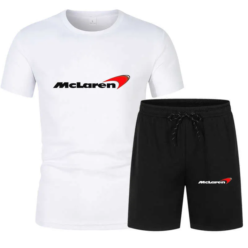 2021men's Summer Cotton F1 Racing McLaren T-shirt Jersey O-Pescoço Top Regular T-shirt + Masculino Shorts Terno Casual Esportes Homens Sets X0909