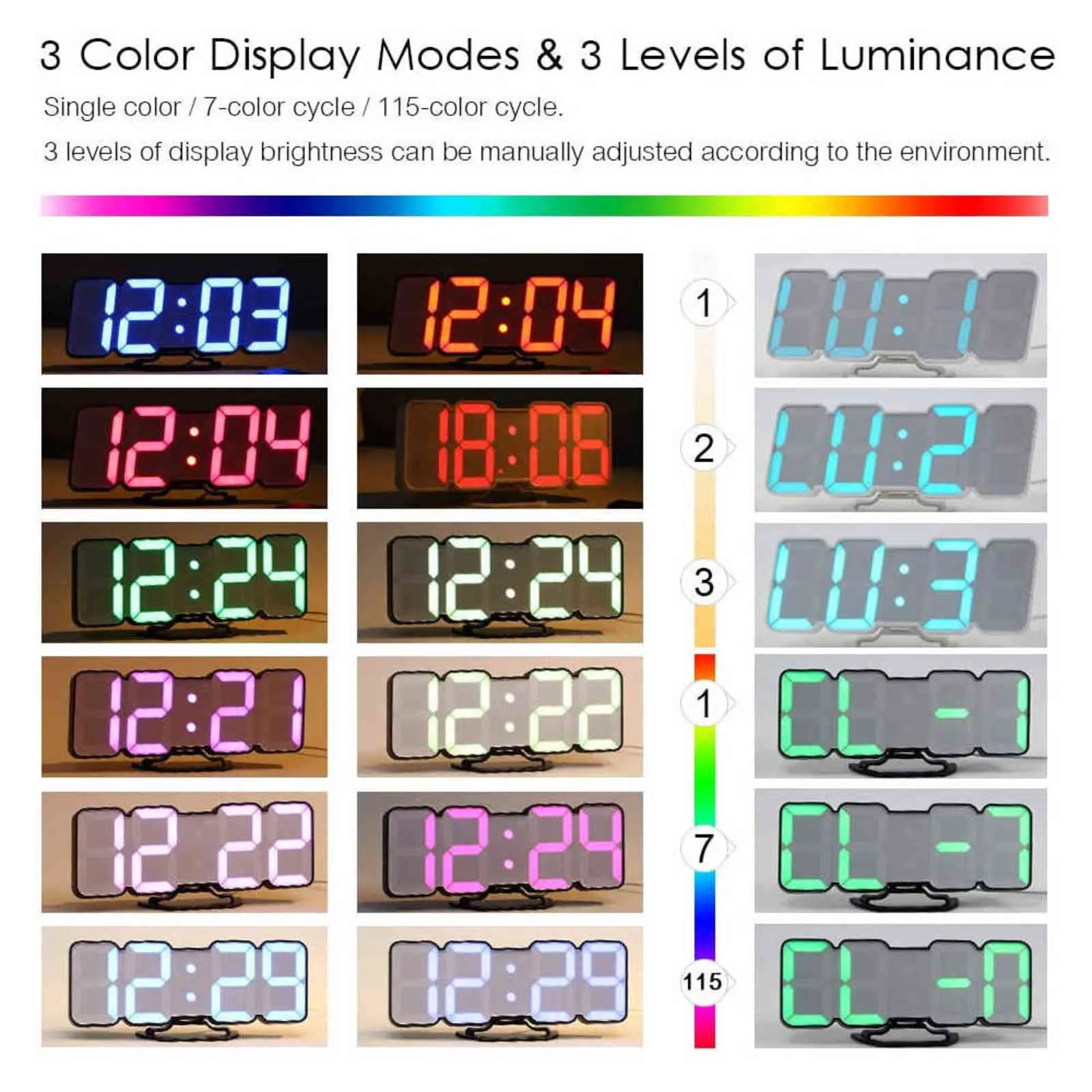 Sveglia digitale a LED con display a LED di grandi dimensioni, telecomando, con 115 variazioni di colore del LED digitale camera da letto, scrivania, parete, ufficio 211112