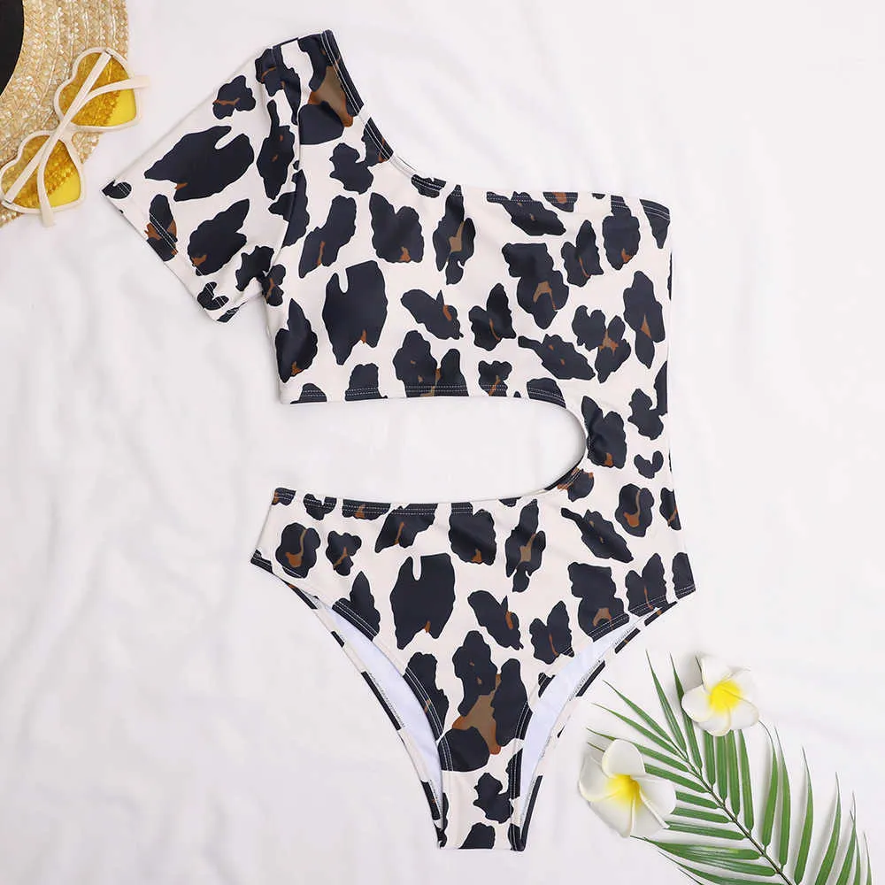 Zafuaz Leopardo Swimsuit Recorte Monokini Monkini Feminino Swimwear Sexy Um ombro Bodysuit Beachwear 210604