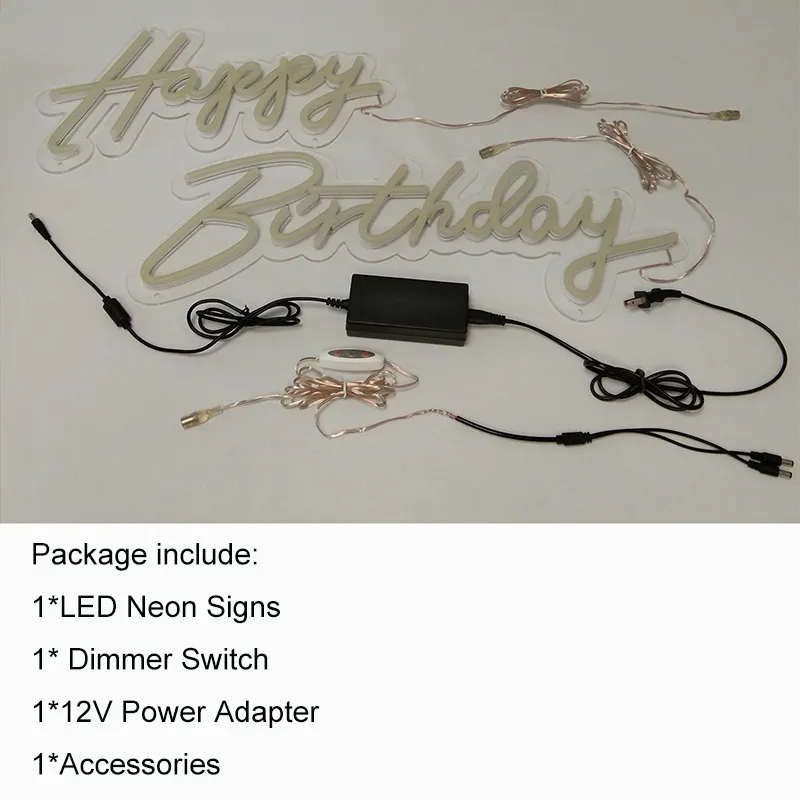 3D-neonreclame Happy Brithday 12V LED aangepaste tekenbanner Indoor wandlampen met dimmer voor feest bruiloft restaurant verjaardag Decor210O