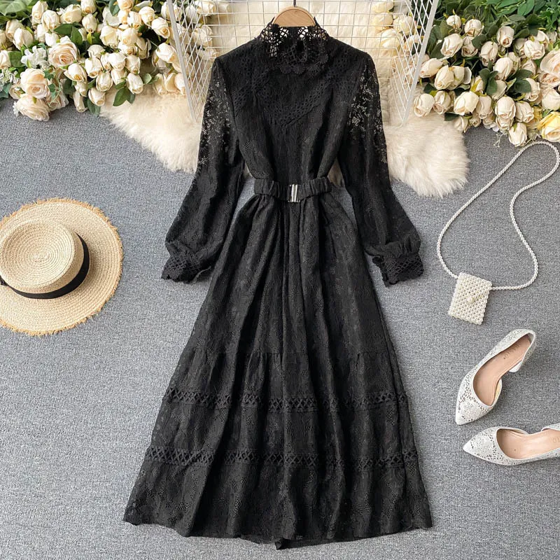 Vintage Lace Hollow Out Women's Dress Autumn Stand Collar Long Sleeve High Waist Sweet Black/Pink/Beige Robe Fashion 210426