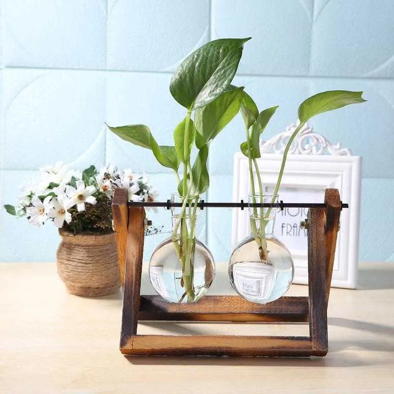 Creative hydroponique plante Transparent Vase verre bois Vases verre fleur Vase plante bonsaï suspendus Pots maison jardin décor 210623
