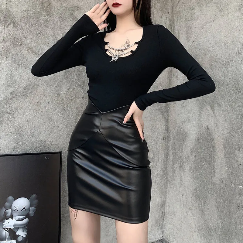 InsGoth Mall Goth cuir jupe femmes Punk Y2K E fille taille haute jupe Harajuku moulante noir Mini jupes mode Streetwear X0428