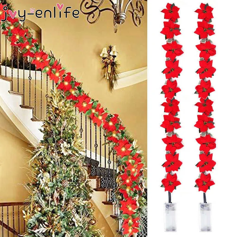 2m 10LED Natale artificiale Poinsettia Fiori Ghirlanda Luci stringa Foglie di agrifoglio Albero di Natale Ornamento Decorazione domestica di Natale 211012