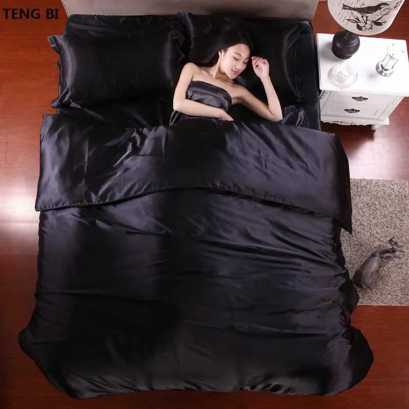 ! 100% silke sängkläder mode set ren färg a/b dubbelsidig enkelhet lakan, täcke täckning kudde 2-5 st 210608