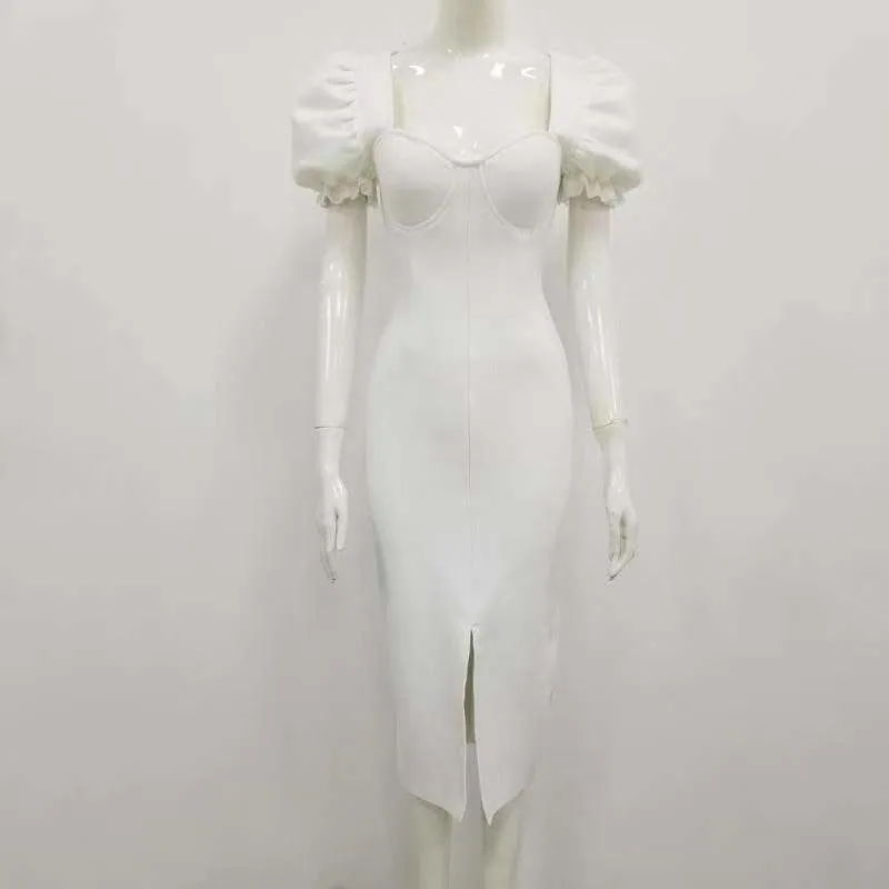 Natale Sexy Designer Split White Bandage Dress Ladies Elegante maniche a sbuffo Midi Tight Club Party Vestido 210525