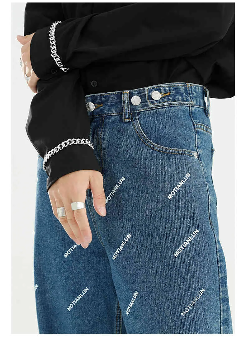 IEFB homens desgaste carta impresso coreano streetwear moda reta cintura ajustável cintura azul calça jeans casuais calças 210524