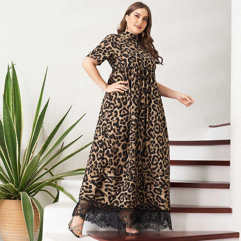 Vestido de Verão Mulheres Elegante Leopard Imprimir Lace Hem Patchwork Manga Curta Pequena Colarinho A-Linha Vintage Party Maxi Robes 210719