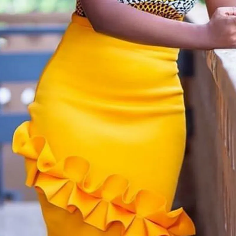 女性のハイウエストのスカートフリル弾性ボディコン鉛筆パーティーファッション春夏のアフリカのエレガントなジュペファレッドサイズプラスサイズ210416