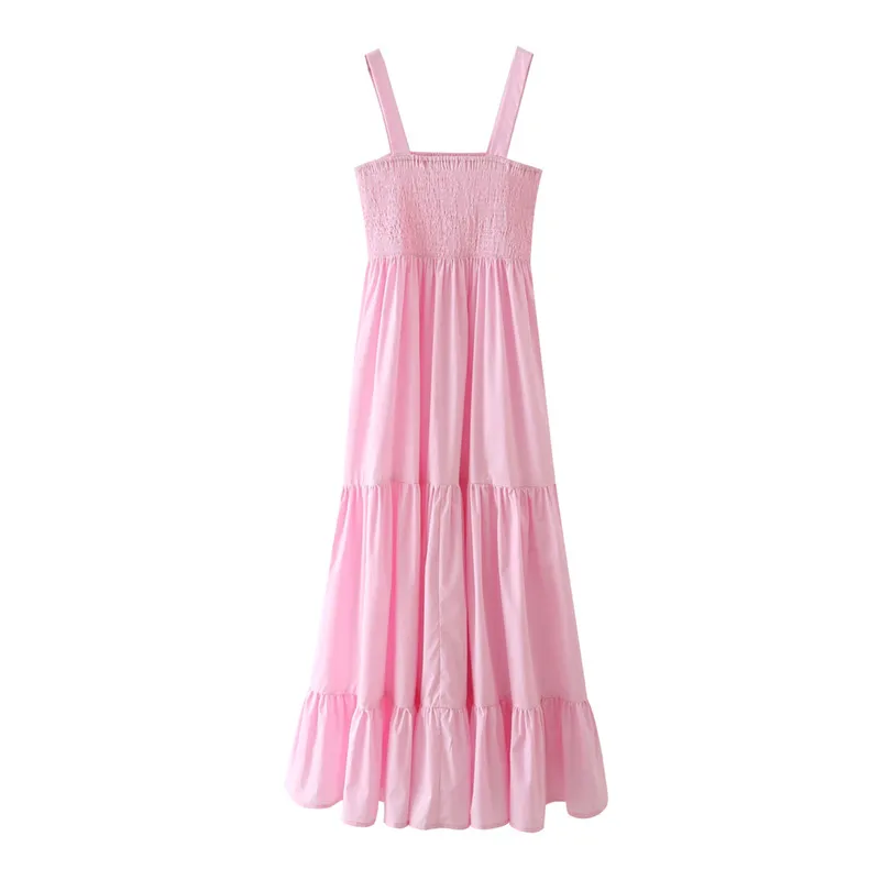 Casual Pink Elastic Bust Dress Sleeveless Holiday style high waist women's Fashion Mid-length summer dresses 210430