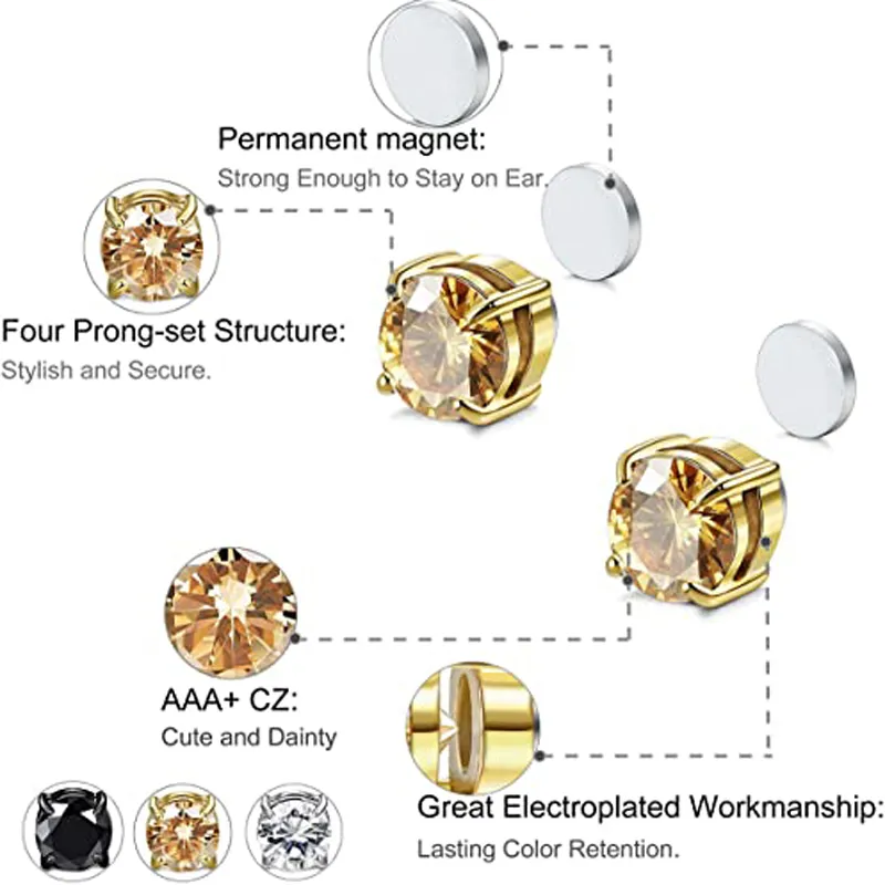 6 çift paslanmaz çelik manyetik saplama küpeleri erkek kadın zirkon mıknatıs, öngörülen klips klips seti siyah çelik altın6251354