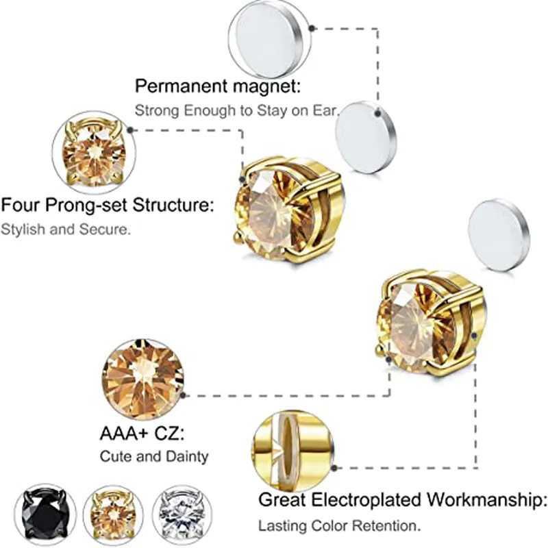 6 Paar magnetische Ohrstecker aus Edelstahl, männlich und weiblich, Zirkon-Magnet, nicht perforiert, Clip-Ohrringe, Set, schwarzer Stahl, Gold6251354