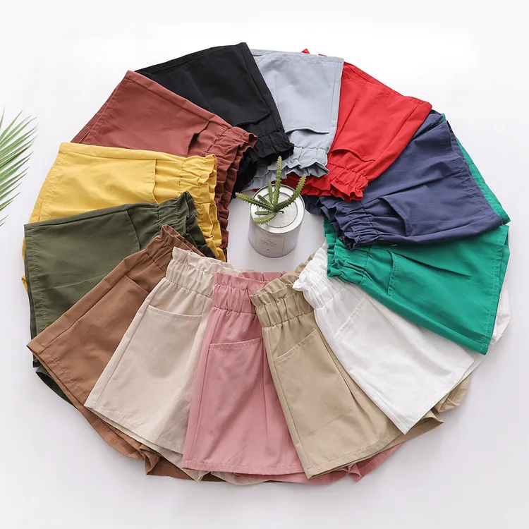 Summer Korean Sweet Flower Bud Multi-Color Élastique Taille Haute Taille Casual Shorts Femme Loose-Fit Cordon Large Jambe 210420