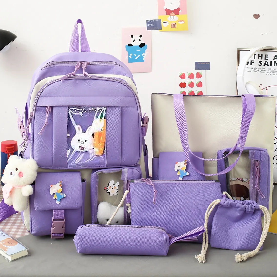 5 pièces ensemble sac à dos scolaire pour adolescentes sac de fille mignonne avec jouets grande capacité voyage femmes cadeaux