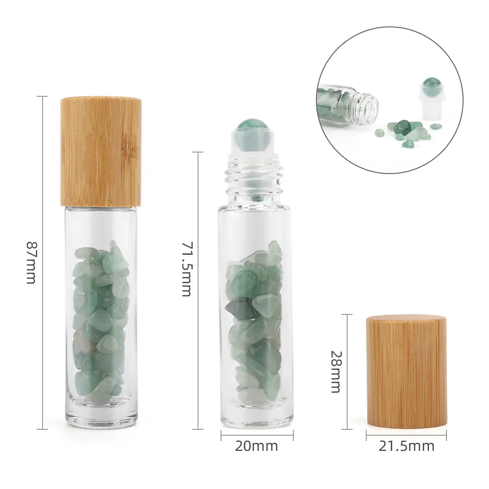 10ML Bottiglie a rulli con pietre preziose Rotolo riutilizzabile con coperchi in bambù Chip di cristalli curativi all'interno profumi Oli aromaterapici