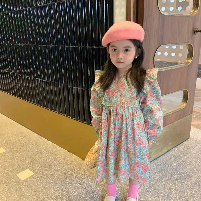 Осенняя девушка платье корейской желтый красный цветочный хлопок с длинным рукавом принцесса для девочек детская одежда 1-5 лет е22218 210610