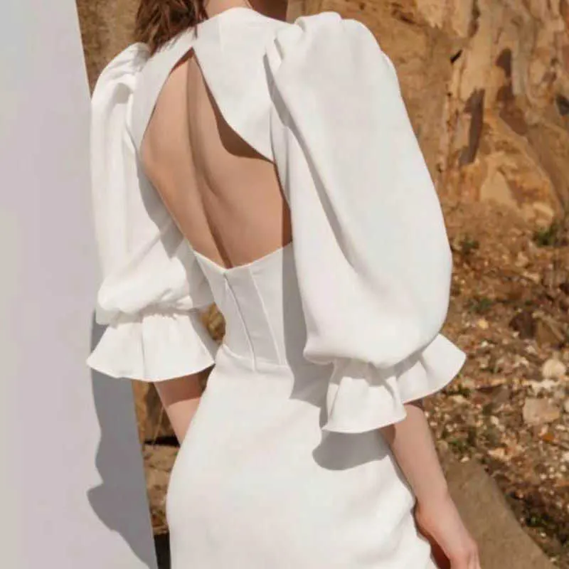 [泥炭]夏のファッションスクエアカラーハイウエストフレアスリーブの床の長さの背中の白いエレガントなドレス女性13C601 210527