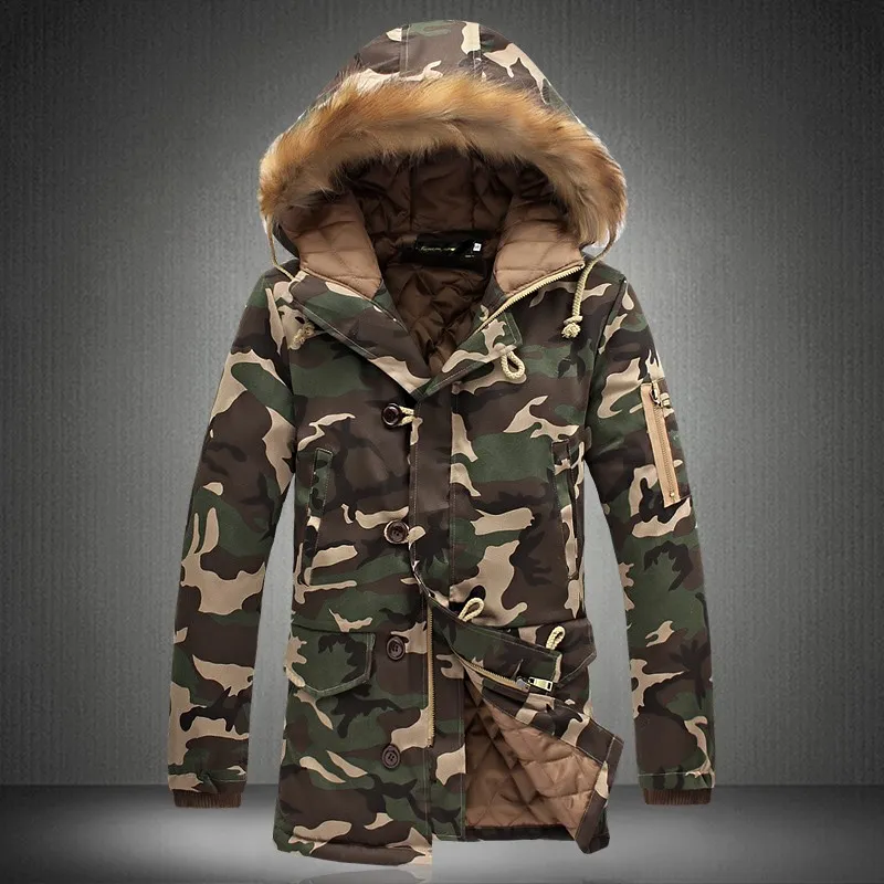 Klasyczne style plus aksamitne zimowe kurtka mężczyźni M-5xl moda kamuflaż parkas men płaszcze wojskowe gęstwy płaszcze z futrzanym kapturem WI